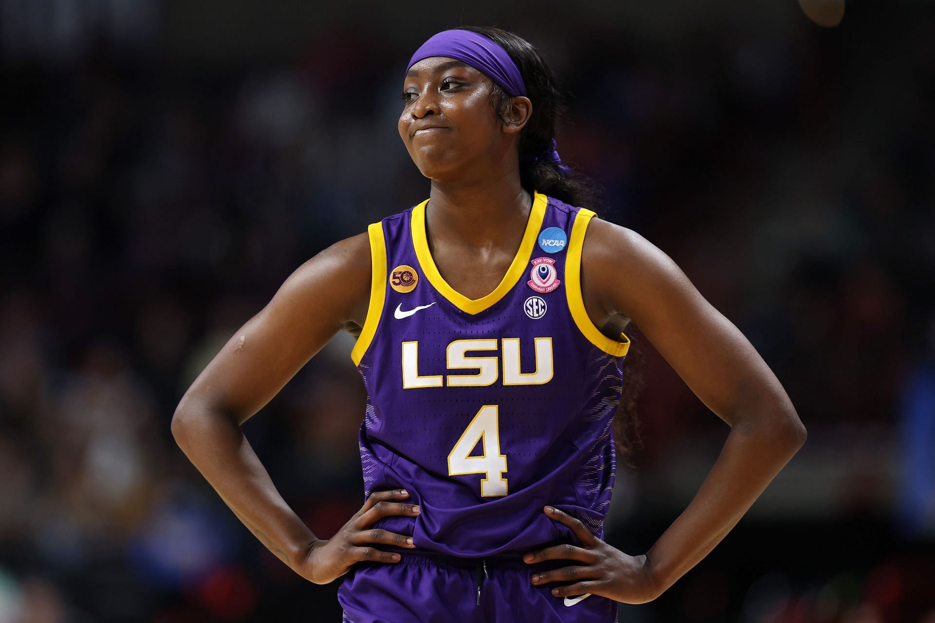 Flau'Jae Johnson (#4) of the LSU Tigers reacts in the third quarter against the NC State Wolfpack in the Sweet Sixteen round of the NCAA Women's Basketball Tournament at Spokane Arena. Photo: Getty